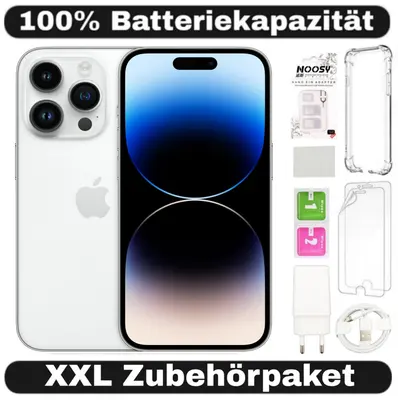 iPhone 14 Pro in Silber mit Zubehör: Hülle, Displayschutz, Ladegerät und Kabel