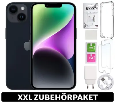 iPhone 14 in Mitternachtschwarz mit Zubehörpaket: Hülle, Schutzfolien, Ladegerät und Kabel
