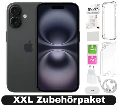iPhone 16 in Spaceschwarz von vorn mit Dual-Kamera, daneben Zubehörteile wie Hüllen und Ladekabel