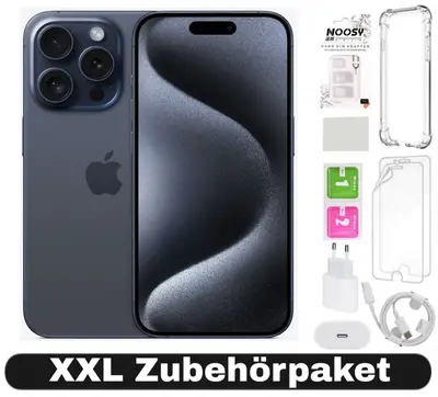 iPhone 15 Pro Max in Titan Blau mit Zubehörpaket: Hülle, Displayschutz, Ladegerät und Kabel