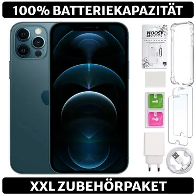 iPhone 12 Pro Max in Pazifikblau von der Seite mit Displayansicht und Zubehörteilen