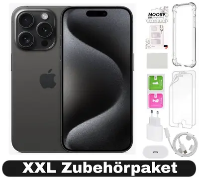 iPhone 14 Pro Max in Titanium Schwarz mit Triple-Kamera, daneben Schutzhüllen, Ladekabel und Zubehör