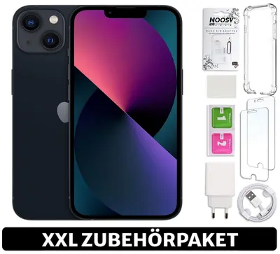iPhone 13 in Mitternachtsblau von vorn mit violett-pinkem Displayhintergrund, daneben Zubehörteile in Verpackung