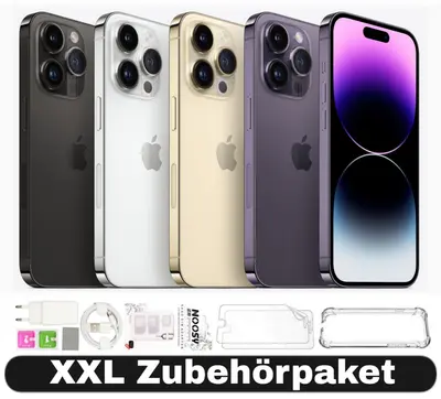 iPhone 14 Pro Max in fünf Farben nebeneinander: Spacegrau, Silber, Gold, Lila und Display mit Zifferblatt