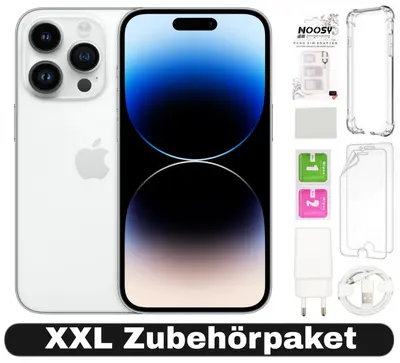 iPhone 14 Pro Max in Silber mit XXL Zubehörpaket: Hüllen, Schutzfolien, Netzteil und Kabel