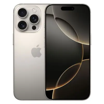 iPhone 16 Pro in Titan Natur von vorn und hinten, Display mit abstraktem Muster, Quad-Kamera sichtbar