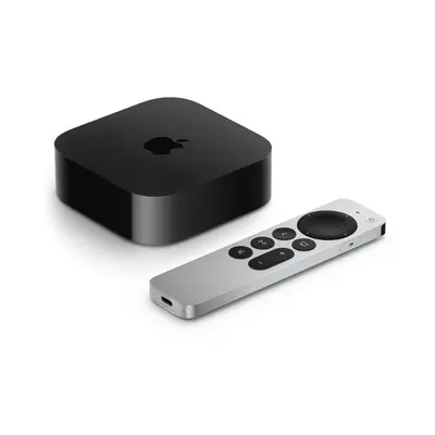 Apple TV 4K mit Siri Remote, beide Geräte von schräg oben