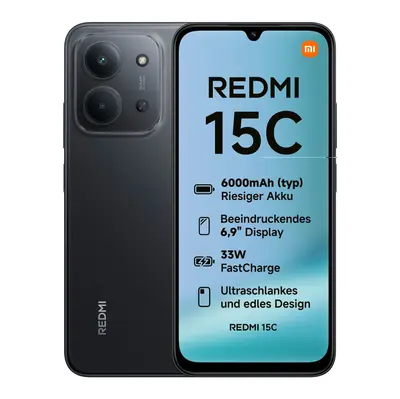 Xiaomi Redmi 15C von vorn und hinten, schwarzes Smartphone mit Dual-Kamera