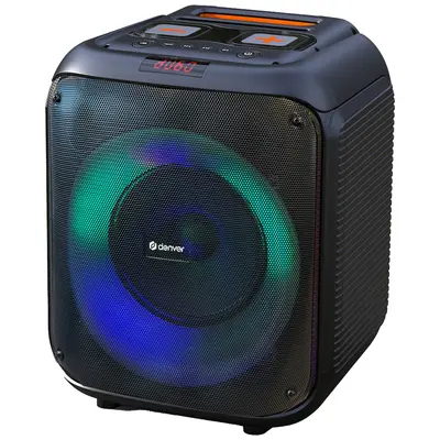 Denver BPS-250 Lautsprecher von vorn mit leuchtender LED-Lichtsphäre in Blau und Grün