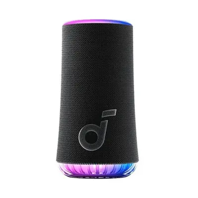 Soundcore Glow Lautsprecher von vorn, schwarzes Gehäuse mit LED-Ring in Magenta und Blau oben