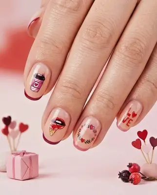 Fingernägel mit Valentinstag-Motiven: Parfümflaschen, Herzen und Liebe-Schriftzüge in Rosa und Rot