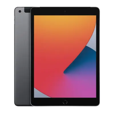 iPad 8. Generation, Vorder- und Rückseite in Space Gray mit buntem Zifferblatt-Wallpaper