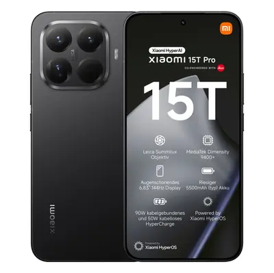 Xiaomi 15T Pro Vorderseite mit Display und rückwärtiger Kamera-Insel in Schwarz