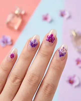 Fingernägel mit violetten 3D-Blumenmotiven in verschiedenen Größen auf nude-farbenem Untergrund