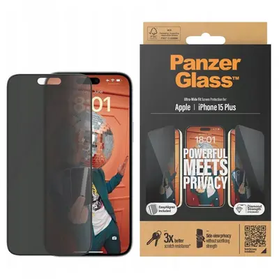 PanzerGlass Privacy Displayschutz für Apple iPhone 15 Plus mit Einbaurahmen
