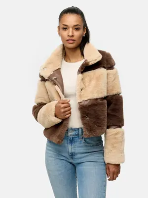 Tazzio Damen Jacke - Übergangsjacke, Blockstreifen-Design, Teddy-Look, kuschelig