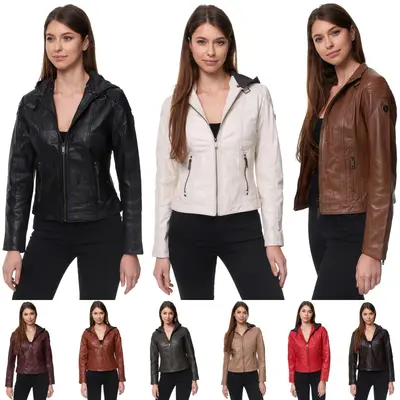 Tazzio Lederjacke Damen Echtleder Jacke Kapuze Übergangsjacke Leder Mantel Parka