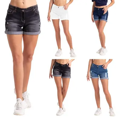 Damen Jeans Shorts Sommer Hotpants High Waist Used Look Zerrissen Denim