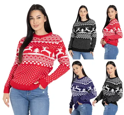 Damen Weihnachts Crew Neck Rentier-Print Lustiger Ugly Christmas Sweater