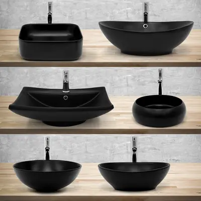 Waschbecken Keramik Aufsatzwaschbecken Waschtisch Spülbecken Schwarz matt