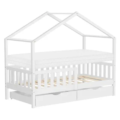 Kinderbett mit Matratze Hausbett Holzbett mit 2 Schubkästen Kiefernholz 80x160cm