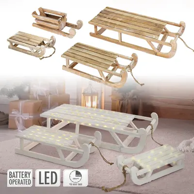 Deko Schlitten mit Led Weihnachtsdeko Weihnachten weiß/braun 30/31,5/50,5 cm