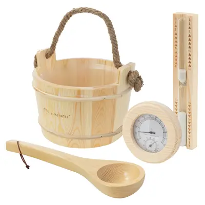 Saunazubehör-Set 4tlg Kiefernholz mit 4L Kübel Kelle Thermo-Hygrometer & Sanduhr