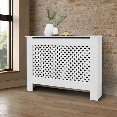 Heizungsabdeckung Heizkörperverkleidung Heizung MDF Wabenmuster 112x19x82cm Weiß