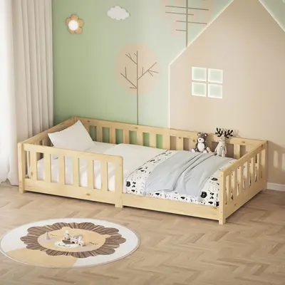 Kinderbett Holzbett Lattenrost Einzelbett Rausfallschutz Bett 80 x 160 cm Natur