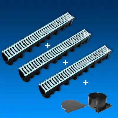 Entwässerungsrinne SET 3 Meter inkl. Kit Stegrost Stahl Metallrost