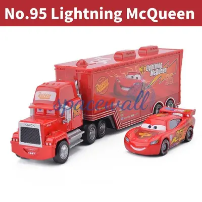 2 Stk. Disney Pixar Cars No.95 Lightning McQueen Mack Hauler Truck Diecast