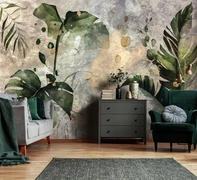 Fototapete Blätter grün Pflanzen Beton Retro Wohnzimmer VLIES TAPETE + KLEISTER