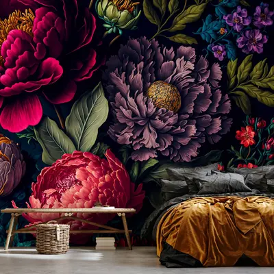 Fototapete Blumen Pfingstrosen Vintage Schwarz VLIES TAPETE XXL + KLEISTER