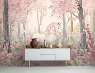 Fototapete Kinderzimmer Einhorn Rosa Wald VLIES TAPETE XXL + KLEISTER 306