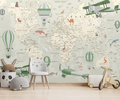 Fototapete Kinderzimmer Weltkarte Ozeane Loft Ballon VLIES TAPETE XXL 318