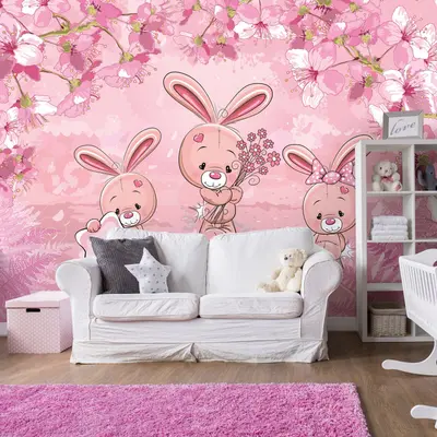Vlies Fototapete Kinderzimmer Mädchen Kaninchen Rosa Blumen TAPETE + KLEISTER
