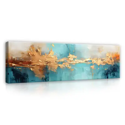 Leinwand Bilder Groß Abstrakt Blau Gold Modern XXL Wandbild Leinwandbild 145x45