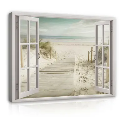 FENSTERBLICK STRAND MEER Wandbilder Fenster Leinwand Bilder Canvas Wohnzimmer