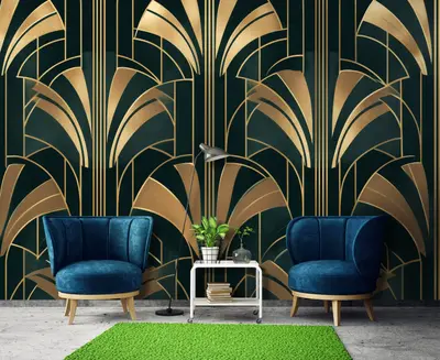 Fototapete Art Deco Muster Grün Gold Schwarz VLIES TAPETE XXL + KLEISTER 403