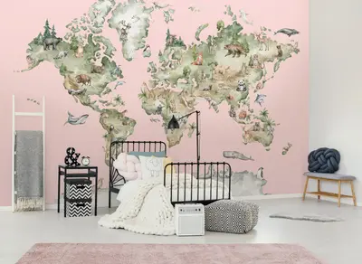 Fototapete Kinderzimmer Weltkarte Ozeane Länder Rosa VLIES TAPETE XXL 314