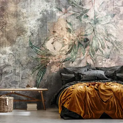 Fototapete Blätter Blumen Beton Vintage Wohnzimmer VLIES TAPETE XXL + KLEISTER