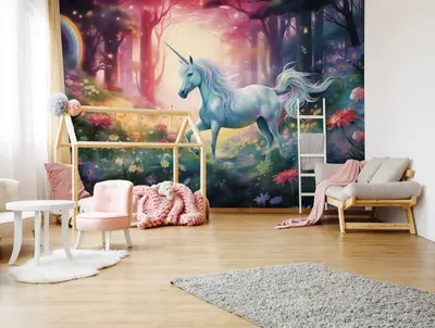 Fototapete Kinderzimmer Einhorn Aquarell Bunt Tier Mädchen VLIES TAPETE XXL 287