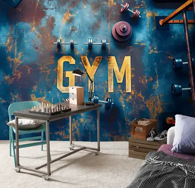 Fototapete Fitness Hanteln Gym Blau Wohnzimmer Schlafzimmer VLIES TAPETE XXL 245