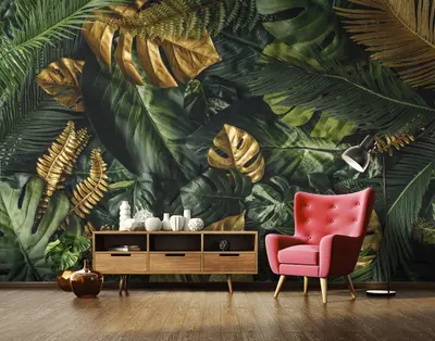 Fototapete Blätter Pflanzen gold grün Wohnzimmer VLIES TAPETE XXL + KLEISTER