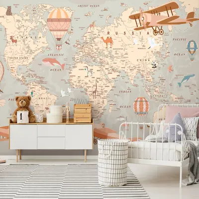 Fototapete Kinderzimmer Weltkarte Tiere Kinder VLIES TAPETE XXL + KLEISTER