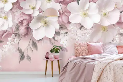 Fototapete Blumen Große Rosa Apfelblüte Blätter VLIES TAPETE XXL + KLEISTER 291