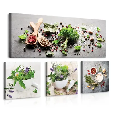 Leinwandbild Küche Kräuter Gewürz Wandbild Canvas Leinwand Bilder 4 teilig XXL