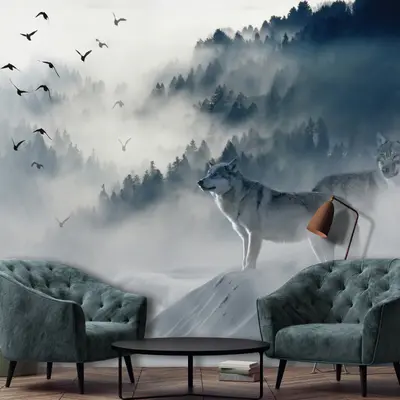 Vlies Fototapete Wolf Wald Nebel Bäume Wohnzimmer Schlafzimmer Vögel Tiere 5