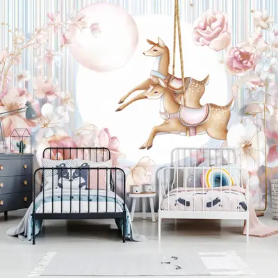 Fototapete Kinderzimmer Blumen Hirsche Märchen VLIES TAPETE XXL + KLEISTER 360