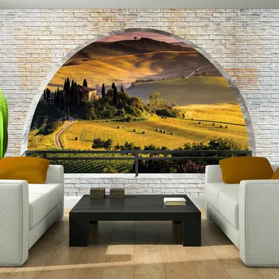 Vlies Fototapete FENSTERBLICK 3D Toskana Steinwand Wohnzimmer Italien Ausblick